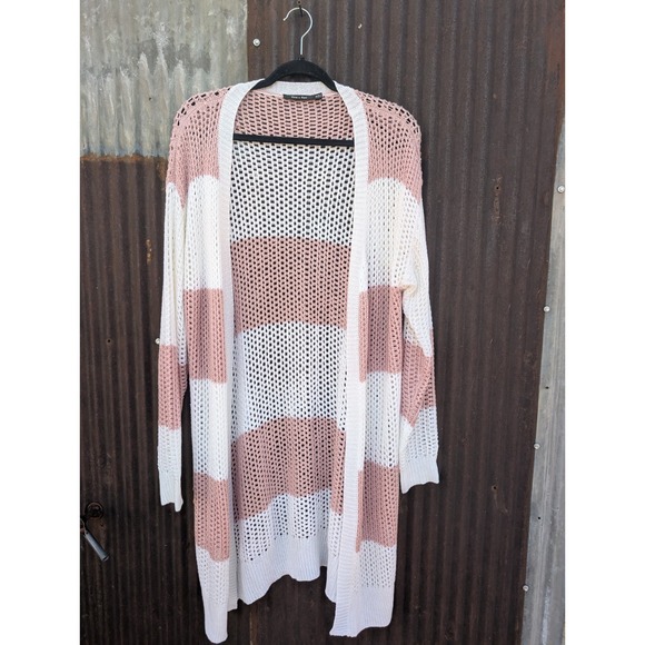 Sweaters - Womens Open Knit Cardigan Size Medium Pink Stripe Crochet Nautical Beach Coastal